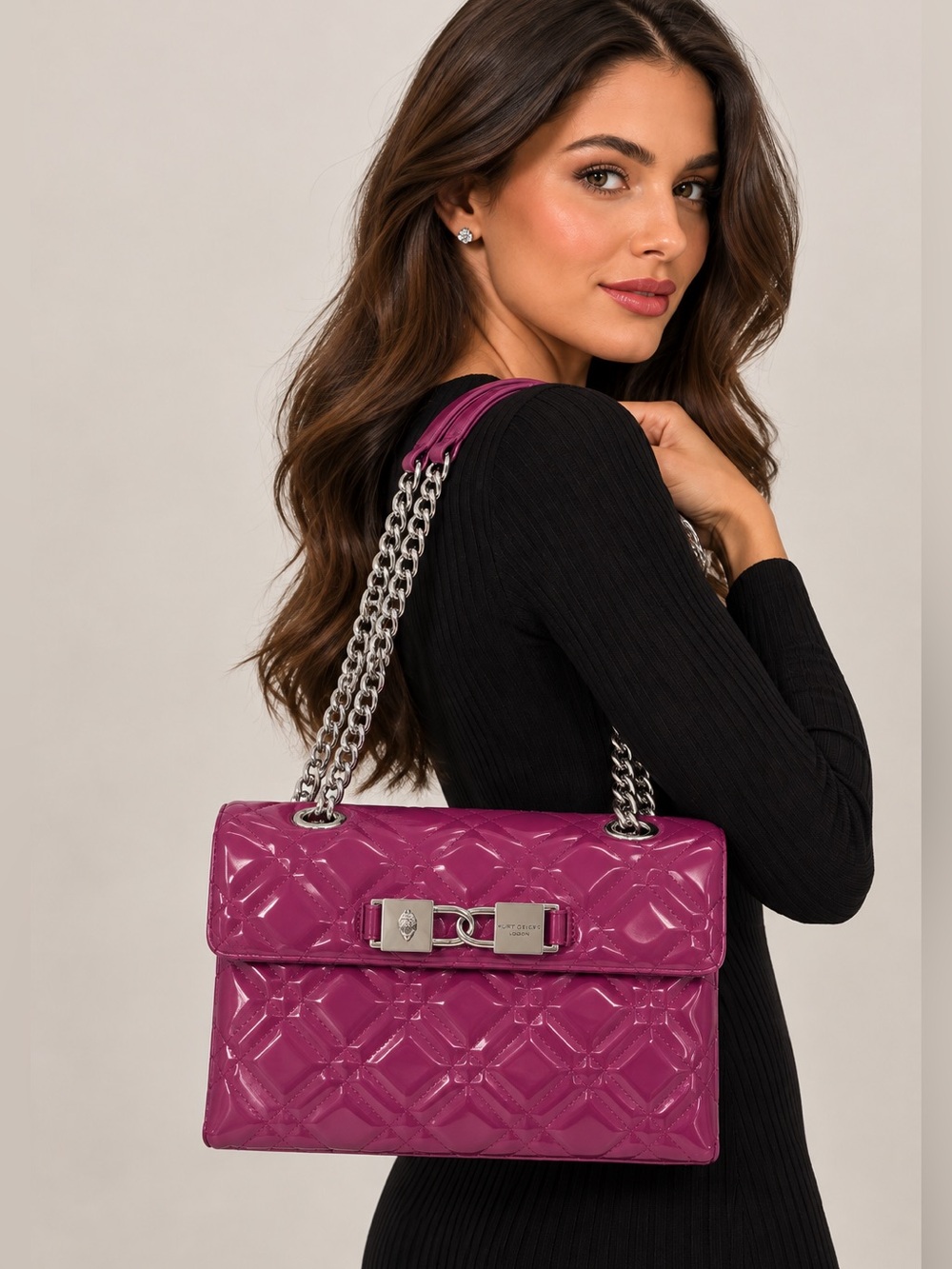 KURT GEIGER LONDON Kingsley Violet Quilted Patent Leather Shoulder Bag Purple